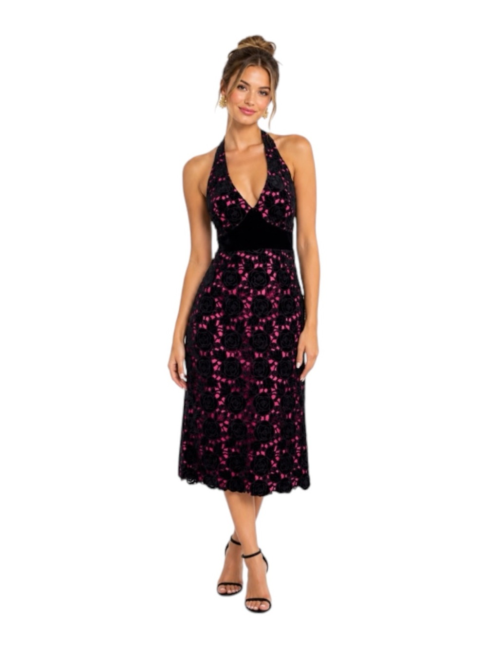 Vtg Lilly Pulitzer Carmella Black Lace Velvet Halter Midi Fuchsia Underlay Sz 0